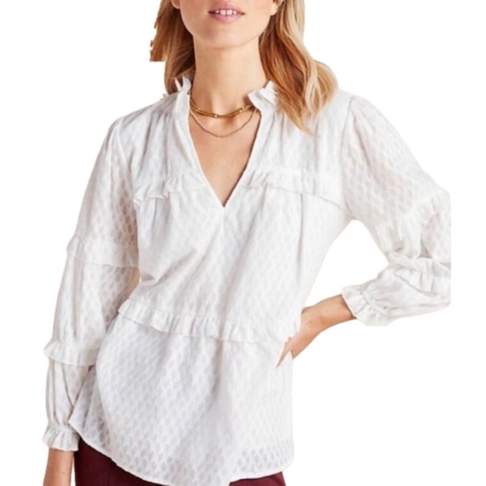 Anthropologie Angela Ruffled Peasant Blouse top white dot pattern